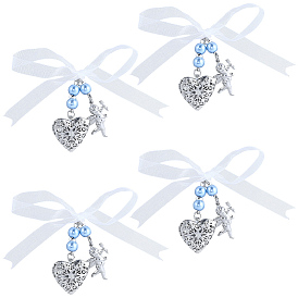 5шт. подвески-медальоны в форме сердца и плоские круглые подвески из нержавеющей стали и сплава со стразами для свадебного букета, со стеклянными жемчужными бусинами и лентой из органзы с бантом