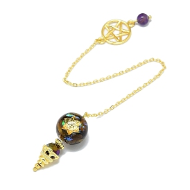 Round Resin Dowsing Pendulum Big Pendants, Gemstone Chip Inisde and Cadmium Free & Lead Free Golden Plated Brass Findings, Cone Charm
