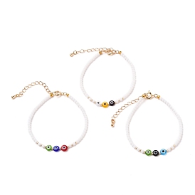 Round Frosted Opaque Glass Beaded Bracelets, with Handmade Evil Eye Lampwork Flat Round Beads and Golden Plated Brass Spring Ring Clasps