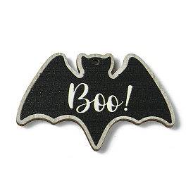 Halloween Single Face Printed Wood Big Pendants, Bat Shape Charms with BOO