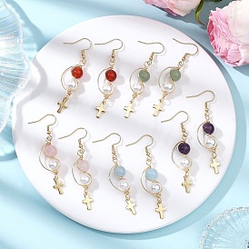 Серьги-крестики с ракушечным жемчугом, с латунным крючком и бусинами из драгоценных камней, золотые