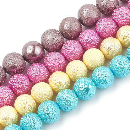Electroplate Shell Pearl Beads Strands, Textured, Round