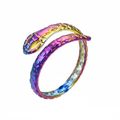 Anneaux de manchette serpent, anneaux ouverts texturés, couleur arc-en-ciel 304 bague en acier inoxydable pour femme