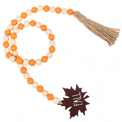 Круглое осеннее украшение из деревянных бусин, Украшения из кленовых листьев и джутовых кисточек для настенного декора дома