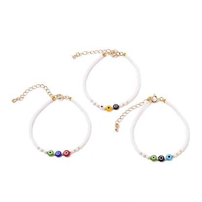 Round Frosted Opaque Glass Beaded Bracelets, with Handmade Evil Eye Lampwork Flat Round Beads and Golden Plated Brass Spring Ring Clasps