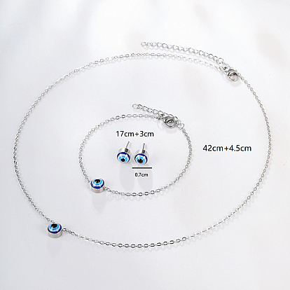 Evil Eye Stainless Steel Stud Earring & Bracelets & Necklaces Set, with Enamel