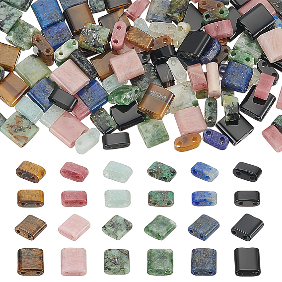 120 шт 12 стили натуральные бусины из смешанных драгоценных камней, 2-луночное, прямоугольник квадрат, смешанные окрашенные и неокрашенные
