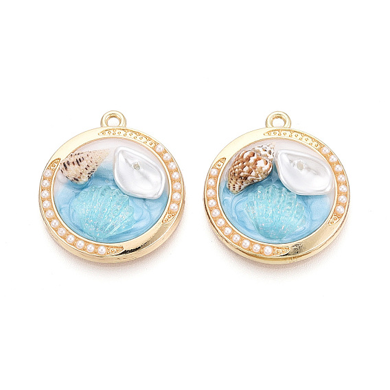 Подвески из эмали, АБС-пластика, искусственного жемчуга и акриловой раковины с гальваническим покрытием., плоские круглые прелести, золотые, без кадмия, без никеля и без свинца