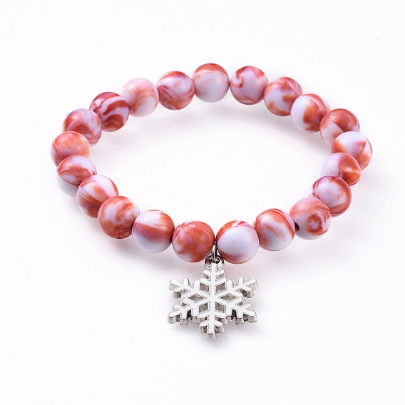 Stretch Charm Bracelets, with Acrylic Beads and Alloy Enamel Pendant, for Christmas, Snowflake
