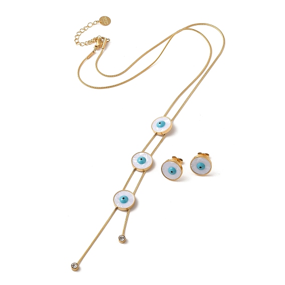 Evil Eye 304 Stainless Steel Jewelry Set, Natural Shell with Enamel Stud Earrings and Lariat Necklace
