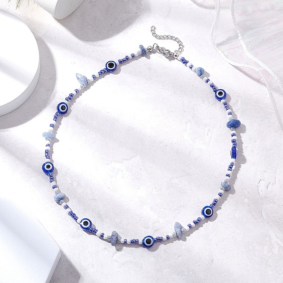 Натуральный авантюрин синего цвета (окрашенный и нагретый) ожерелья из бисера от сглаза и стеклянных бус, с 304 концевыми цепями из нержавеющей стали