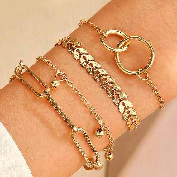 4Pcs 4 Style Alloy Chain Bracelets Set, Stackable Bracelets with Charms for Women