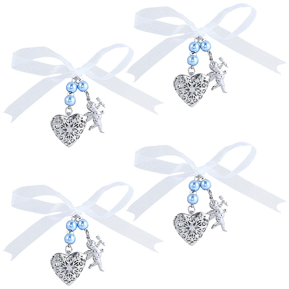 5шт. подвески-медальоны в форме сердца и плоские круглые подвески из нержавеющей стали и сплава со стразами для свадебного букета, со стеклянными жемчужными бусинами и лентой из органзы с бантом