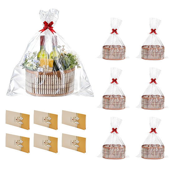 Foldable Bamboo Baskets, Fruit Woven Baskets with Double Handles, Paper Pull Bows, OPP Cellophane Flower Dust-proof Bags & Paper Greeting Cards