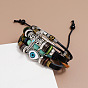 Cowhide Leather Multi-strand Bracelets, Wood Beaded Adjustable Bracelet with Alloy Feather Charms