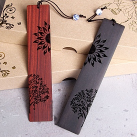 Rectangle Handmade Natural Wooden Carving Bookmarks with Rope Pendant, Sun with Tree Book Mark Gift for Book Lovers, Teachers, Reader
