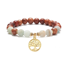 Natural Flower Amazonite & Wood & Synthetic Hematite Stretch Bracelet with Brass Tree of Life, Gemstone Jewelry for Women