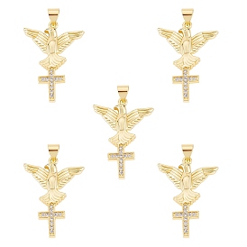 5Pcs Brass Micro Pave Clear Cubic Zirconia Pendants, Nickel Free, Eagle with Cross