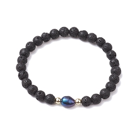 6mm Round Natural Lava Rock & Pearl Beaded Stretch Bracelets for Women