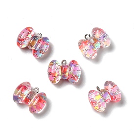 Transparent Resin Pendants, with Platinum Tone Iron Loops & Glitter Powder, Bowknot