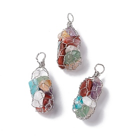 Natural & Synthetic Mixed Stone Chips String Bag Pendants, Oval Charms, with Platinum Plated Brass Wires, Cadmium Free & Lead Free