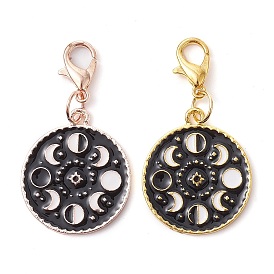 Alloy Enamel Pendant Decorations, with Zinc Alloy Lobster Claw Clasps, Flat Round with Moon Phase Charm