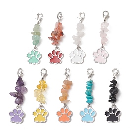 9 piezas 9 colgantes decorativos con huellas de patas de esmalte de aleación de colores y chips de piedras preciosas naturales y sintéticas, con aleación de zinc hebillas de pinza de langosta
