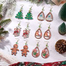 Рождественские деревянные серьги-подвески с принтом, с 304 крючками для сережек из нержавеющей стали и стеклянными бусинами, разнообразные, золотые