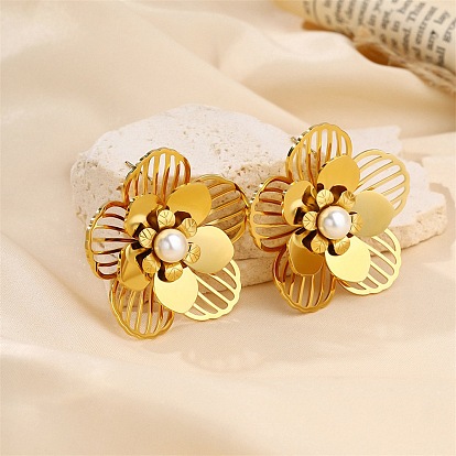 304 Stainless Steel Stud Earrings, Flower, with Plastic Pearl