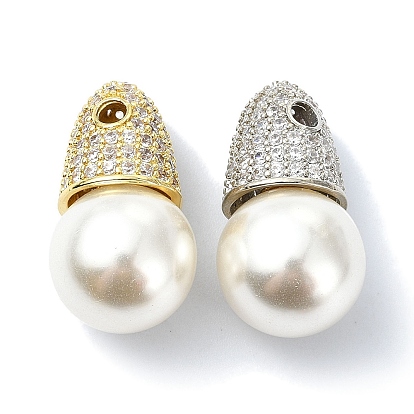 Rack Plating Brass Pave Clear Cubic Zirconia Beads, with Plastic Imitation Pearl  Beads, Long-Lasting Plated, Lead Free & Cadmium Free, Round