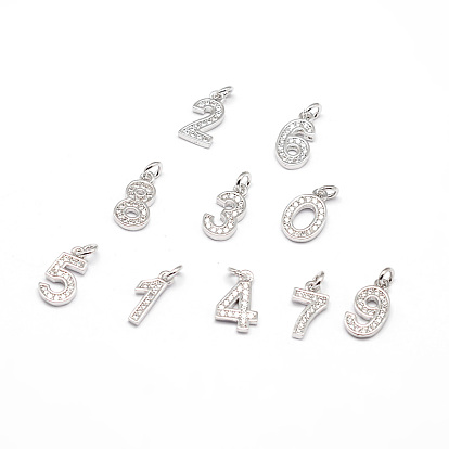 Реальный платиновая мелодия латунь микро проложить кубический цирконий номер прелести, число 0~9, без кадмия, без никеля и без свинца, 11x6~7x1.5~2 мм, отверстие : 2 мм