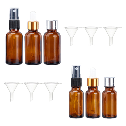 Leeres Glas mit Plastiktropfflaschen plastic, nachfüllbare Flasche, für die Aromatherapie mit ätherischen Ölen, mit pp Feinnebelsprüher, Kunststoffkappe, Trichter aus Kunststoff