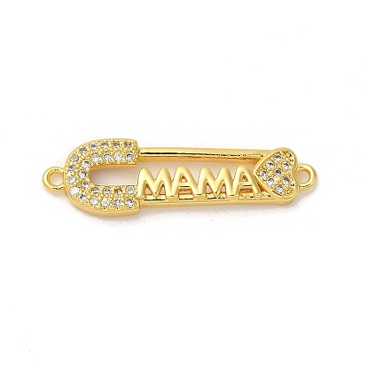 Rack Plating Brass Micro Pave Clear Cubic Zirconia Connector Charms, Safety Pin Links, Long-Lasting Plated, Lead Free & Cadmium Free