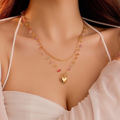 304 двухслойные ожерелья с подвеской в форме сердца из нержавеющей стали и натурального драгоценного камня для женщин, красочный