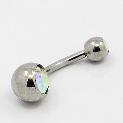 Fashionable 304 Stainless Steel Belly Rings, with Rhinestones, 24x8mm, Pin: 1mm