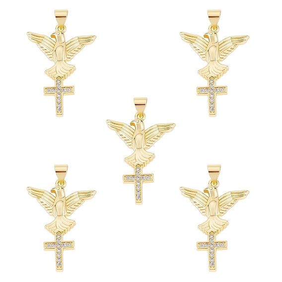 5 colgantes de circonita cúbica transparentes micro pavé de latón, sin níquel, águila con cruz