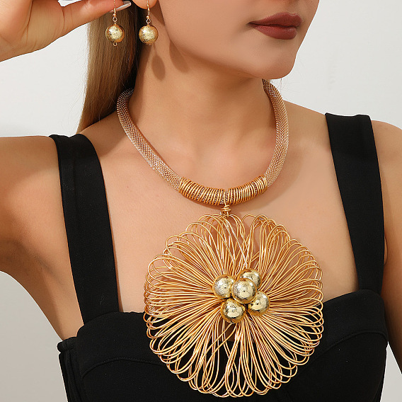 Aluminum & Brass & CCB Wire Flower Bib Necklace & Ball Dangle Earrings for Women, Statement Jewelry Set