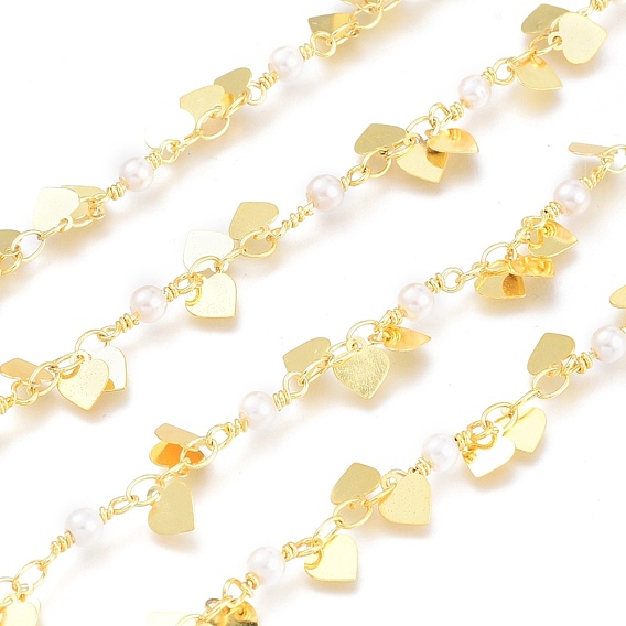 Brass Chains, with Glass Beads & Heart Charm & Spool, Soldered, Long-Lasting Plated
