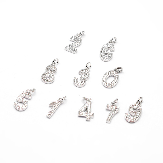 Реальный платиновая мелодия латунь микро проложить кубический цирконий номер прелести, число 0~9, без кадмия, без никеля и без свинца, 11x6~7x1.5~2 мм, отверстие : 2 мм