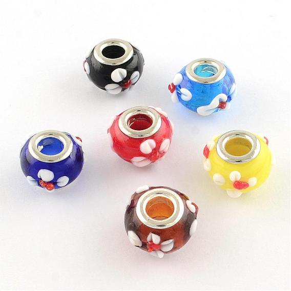 Rondelle Lampwork большого отверстия европейские шарики, с латунными сердечниками с серебряным покрытием, 15x10 мм, отверстие : 5 мм