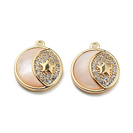 Natural White Shell & Clear Cubic Zirconia & Brass Charms, Flat Round with Moon & Star Pattern