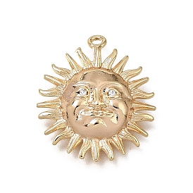 Brass Micro Pave Clear Cubic Zirconia Pendants, Sun Face Charms