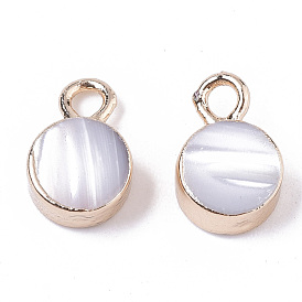 Natural Freshwater Shell Charms, with Iron Loops, Edge Golden Plated, Flat Round