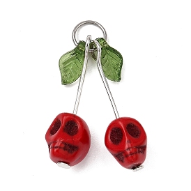 Подвески в виде черепа из синтетической окрашенной бирюзы, Фруктовые подвески с акриловыми листьями и 304 соединительными кольцами из нержавеющей стали, цвет нержавеющей стали