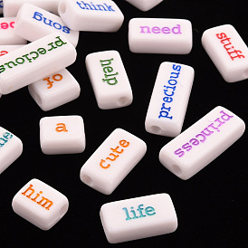 Opaque White Acrylic Beads, Rectangle with Mixed Words