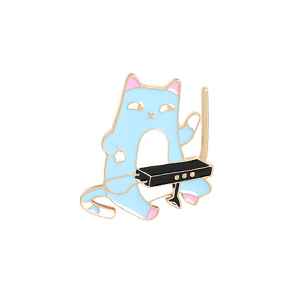 Cat with Musical Instrument Enamel Pin, Golden Plated Alloy Animal Badge for Backpack Clothes