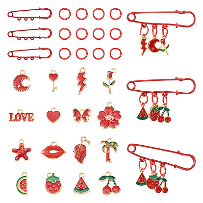 Наборы для изготовления брошей своими руками, В комплект входят 15шт. железных открытых соединительных колец, 5шт. фурнитура для брошей из железа. 48шт. 16 стили подвесок из сплава с эмалью.