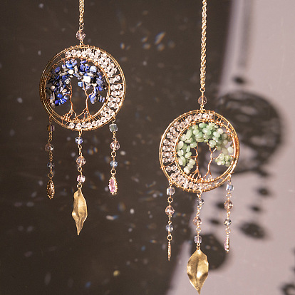 Подвеска в виде дерева жизни из натуральной латунной проволоки, обмотанной кусочками драгоценных камней, кисточка из сплава в форме листа для украшения дома и автомобиля