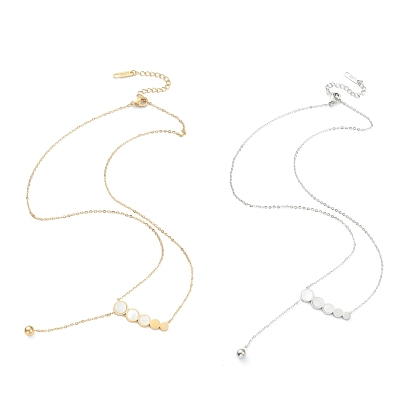 304 Stainless Steel Pendant Necklaces, with Natural White Shell, Flat Round with Ball