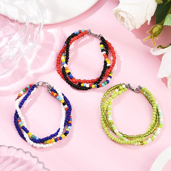 3Pcs 3 Colors Glass Seed Beads Multi-strand Bracelets for Women, Round